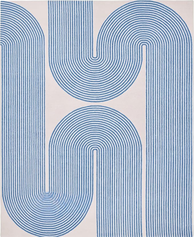 Modern Handmade Wool Area Rug, Abstract Curved Line Geometric Carpet for Living Room Bedroom, Contemporary Tufted Indoor Rug with Soft Pile and Cotton Backing (Sky Blue, 8' x 10')