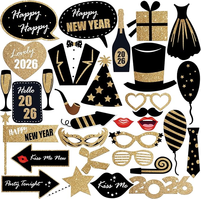 KatchOn, Glitter New Years Photo Booth Props 2026 - Pack of 32 | Photo Booth Props 2026, Happy New Years Decorations 2026 | Photo Props 2026, New Years Eve Party Supplies 2026