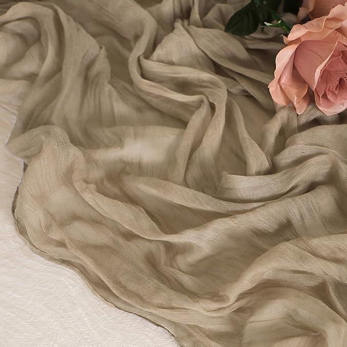 Snowkingdom 6PCS 10 FT Light Brown Cheesecloth Table Runner, 120 inch Long Tan Fall Thanksgiving Boho Rustic Gauze Sheer Runner for Wedding Baby Shower Birthday Holiday Party Table Decorations