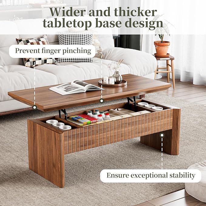 Lift Top Coffee Table with Storage, Mid Century Modern Coffee Table with Hidden Compartment, Fluted Wood Rectangle Center Table for Living Room, Home Office, Walnut (Walnut, 42.5" W)