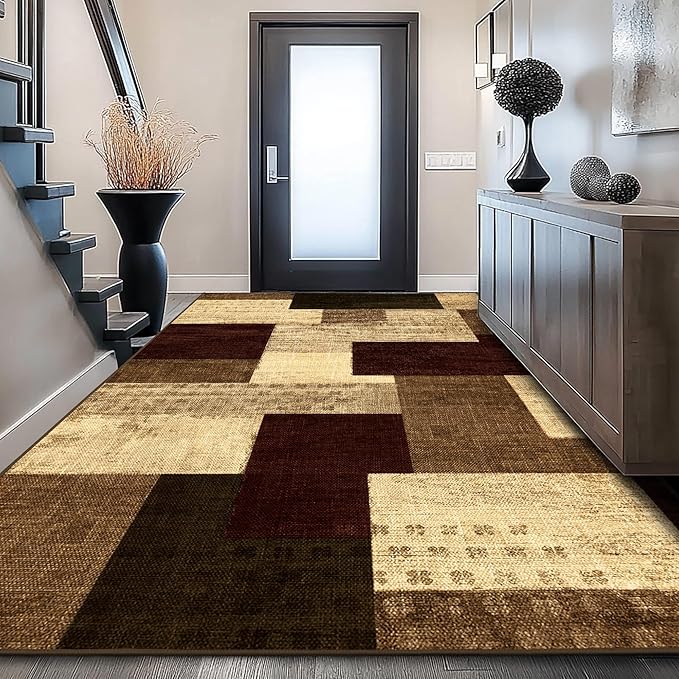 Modern Geometric Patchwork Indoor Area Rug for Living Room, Red 6x9 Large Rug Rockwood Collection Hardwood Floors Decor for Bedroom, Burgundy Throw Carpet for Office Entryway Dining Room