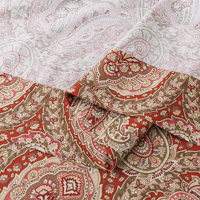 Zusbest Bed Sheet Sets Full Size 100% Cotton Burgundy Red Paisley Sheets Luxury Soft Breathable Crispy Cooling Percale Sheets 17.5 Inches Deep Pocket Bed Set, 4 Pieces