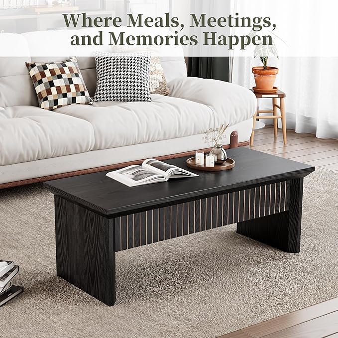 Lift Top Coffee Table with Storage, Mid Century Modern Coffee Table with Hidden Compartment, Fluted Wood Rectangle Center Table for Living Room, Home Office, Walnut (Black, 42.5''W)