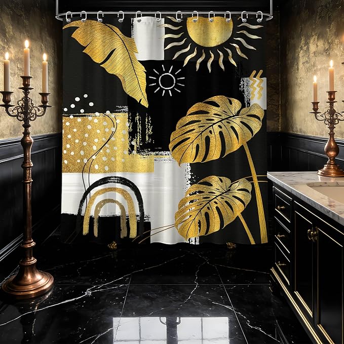 Small Stall Narrow Black and Gold Shower Curtain Boho Stand Up Abstract Dark Mens Shower Curtains for Rv Camper Bathroom Decor Sets, Waterproof Cloth Fabric with Hooks, 36 x 72 Inch