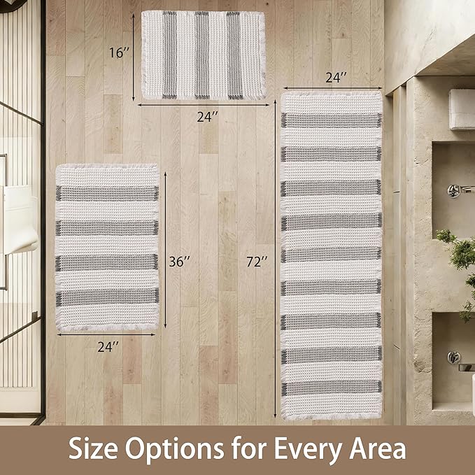 Waffle Bath Mat Non Slip, Boho Bathroom Rug, Super Absorbent Quick Dry Bathroom Mat, Soft Farmhouse Bath Rug with Tassels, Small Washable Shower Mats for Floor 16"x24", White and Grey