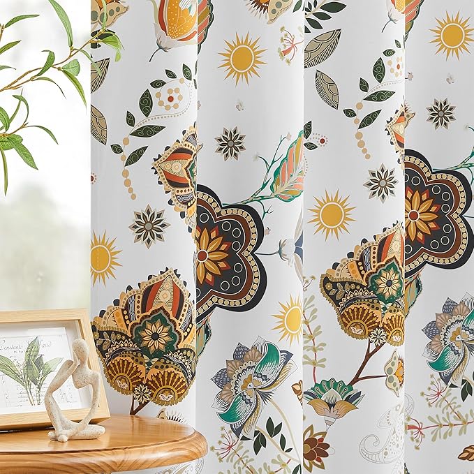 XiDi Vintage Floral Patterned Blackout Curtains 102 Inches Long 2 Panels for Bedroom Living Room Thermal Insulated Luxury Colorful Curtains Botanical Leaf Printed Design Grommet Drapes White 52x102