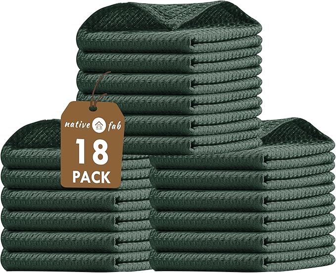 Native Fab 18 Pack Dish Cloths - Soft, Absorbent, Quick Drying, Washable Towels for All Cleaning, Cooking, Baking, 100% Cotton, Ideal for Home, Restaurants, Bars & Multi Purpose Use - Olive Green
