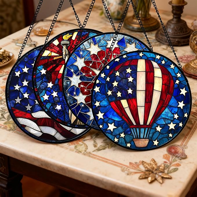 Stained Glass Window Hanging 4 Pcs Set Red Blue Flag Freedom Theme Large 11.8" - Suncatcher Door Garden Sun Catcher Decor Birthday Christmas for Mom Woman Nana Men Friend