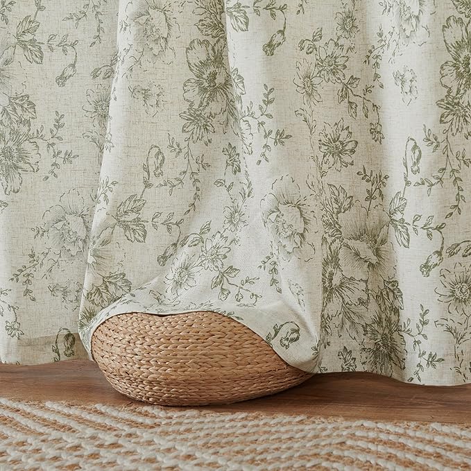 jinachan Pinch Pleated Curtains Floral Linen Blend Curtains for Living Room 90 Inches Length Christmas Green Peony Flower Printed Curtain Rod Pocket Back Tab Farmhouse Drapes with Hooks Set 2 Panels