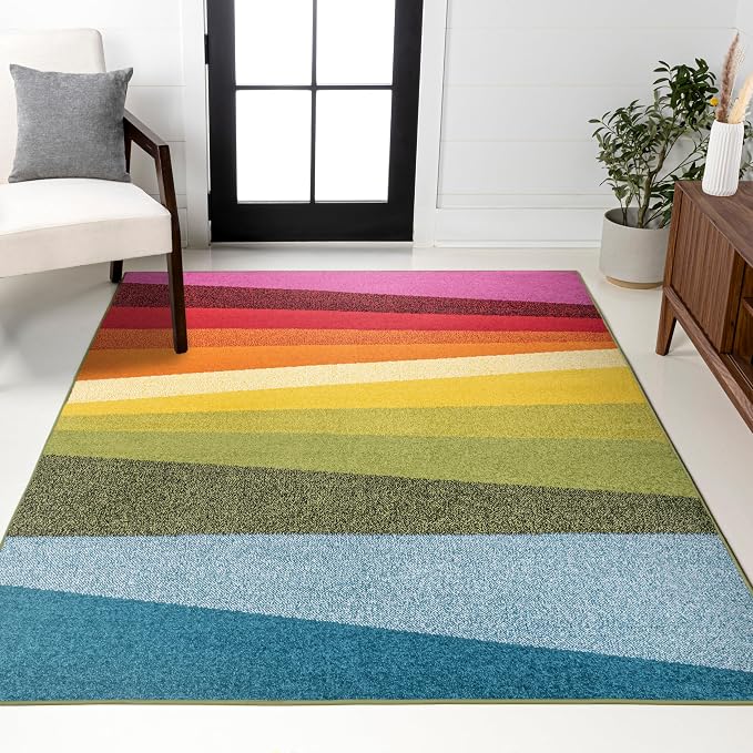 JONATHAN Y Prism Geometric Striped Indoor Area Rug 8x10, Orange/Green/Blue, Modern, Coastal, Easy-Cleaning for Living Room, Bedroom, Kitchen, Pet Friendly, Non-Shedding (DZC101A-8)