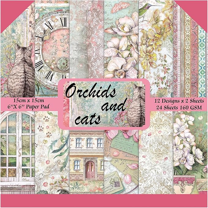 Scrapbook Paper,24 Sheets 6"x 6" Decorative Papers,Single-Sided Vivid Origami Decoupage Paper for Card Making,DIY Album, Hand Account & Travel Diary Craft Projects,Orchids and Cat
