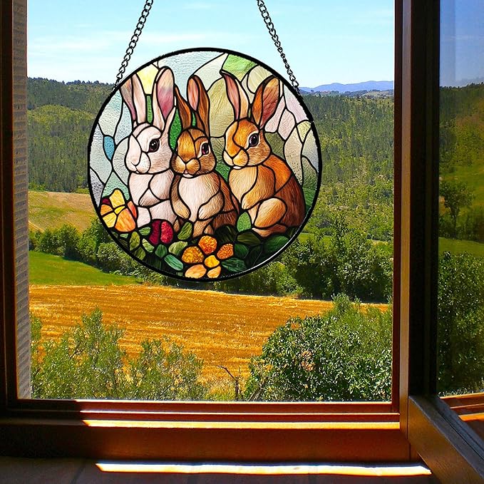 Stained Glass Window Hanging - 3 Cute Rabbits Suncatcher for Doors Garden Patio Bunny Sun Catchers Decor Christmas Mother's Day Birthday Teenager Gifts for Women Men Mom Nana Friend 11.8 in