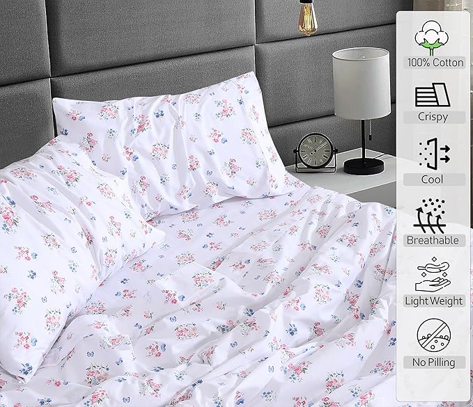 RUVANTI 100% Cotton Split King Sheets Sets for Adjustable Bed, 5 PCs, Soft & Breathable Percale Weave Bedding, Deep Pocket 16", Hotel Standard, Crisp Cool Feel & Durable, Floral Sheet, Funa Flora