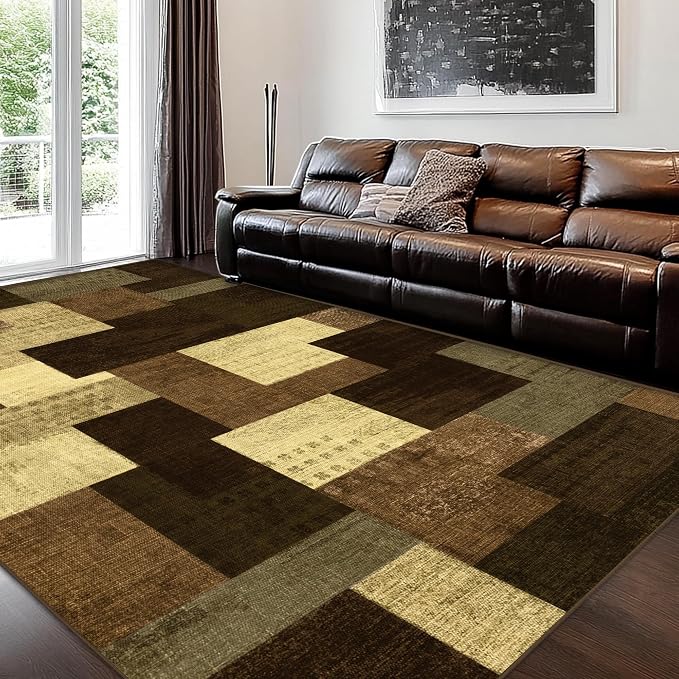 Modern Geometric Patchwork Indoor Area Rug for Living Room, Warm Taupe 8x10 Large Rug Rockwood Collection Hardwood Floors Decor for Bedroom, Taupe Throw Carpet for Office Entryway Dining Room