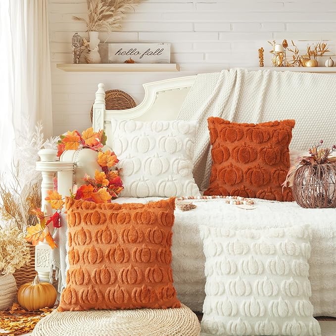 GEEORY Fall Pillow Covers 18 x 18 Inch Set of 2, Fall Decorations Pumpkins Soft Plush Fluffy Faux Fur Wool Decorative Autumn Thanksgiving Farmhouse Cushion Case for Sofa Beige GC002-18