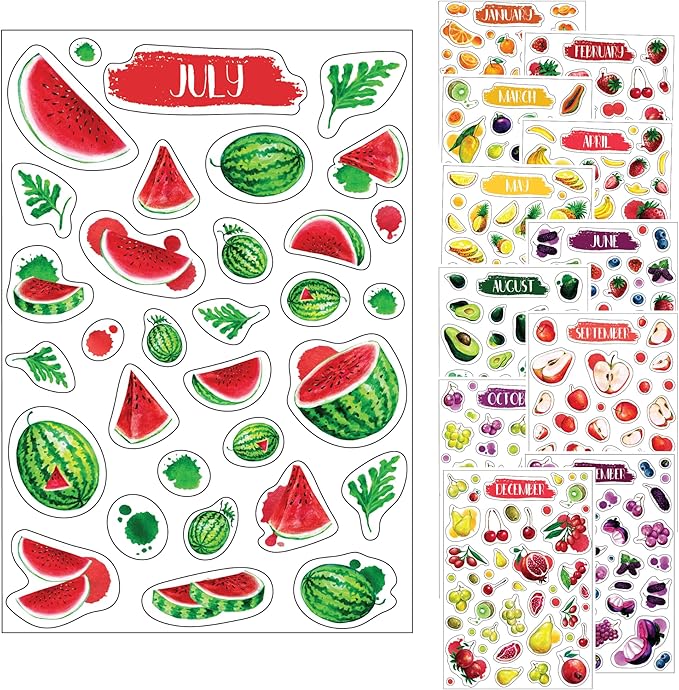 Monthly Calendar Planner Stickers - 12 Transparent Sticker Sheets with Beautiful Fruit Illustrations, Undated Calendar Stickers, Supplies for Planners or Bullet Journals