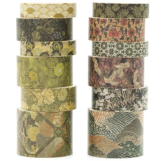 Songdao 12 Rolls Kyoto Charm Washi Tape Set Japanese Arts Adhesive Tapes Geometric Garden Decorative Masking Tape Sets for Craft, Kids, Scrapbook, DIY, Gift Wrapping (Green Song)