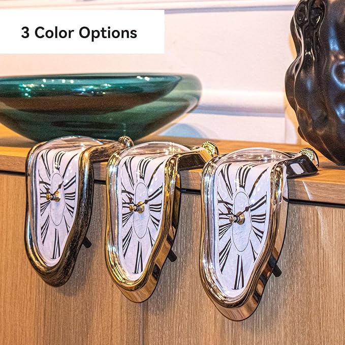 Melting Shelf Clock Art Decor - Salvador Dali Surreal Dripping, 8x4 in Bright Gold Polished Shelf & Desk Gift