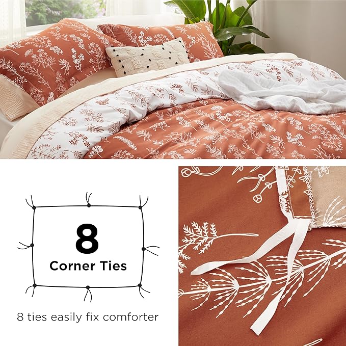 Bedsure Duvet Cover Full Size - Reversible Terracotta Full Duvet Cover Set with Zipper Closure, 3 Pieces Cute Floral Botanical Bedding Set with 8 Corner Ties and 2 Pillow Shams