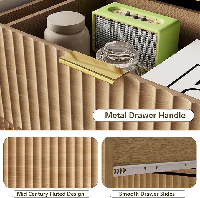HUANLEGO Fluted Dresser for Bedroom, 8 Drawer Dressers & Chest of Drawers, Mid Century Modern Dresser for Closet Boho Bedroom Furniture, Nature Wood Chest of Drawers Storage Organizer for Living Room