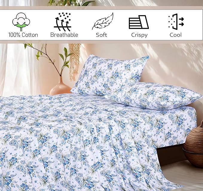 RUVANTI 100% Cotton Twin XL Sheet Sets, 3 Pieces, Soft & Breathable Percale Weave Bedding, Deep Pocket 16", Hotel Standard, Crisp Cool Feel, Durable, Perfect Size Floral Sheets, Paislyona