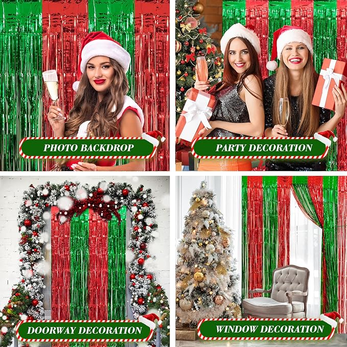 3 Pack Christmas Party Decorations, Red and Green Tinsel Foil Fringe Curtains,Ugly Sweater theme Photo Booth Prop Streamer Backdrop decor Indoor outdoor Party Supplies for Happy New Year party