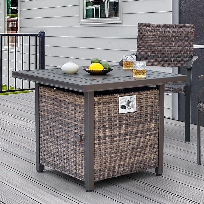 Nuu Garden Propane Fire Pit Table, CSA Certified 30 Inch 50,000 BTU Outdoor Propane Gas Cabinet Square Fire Pit Table, Iron Tabletop, Rattan and Iron Frame, with Lid and Fire Glass Beads, Black
