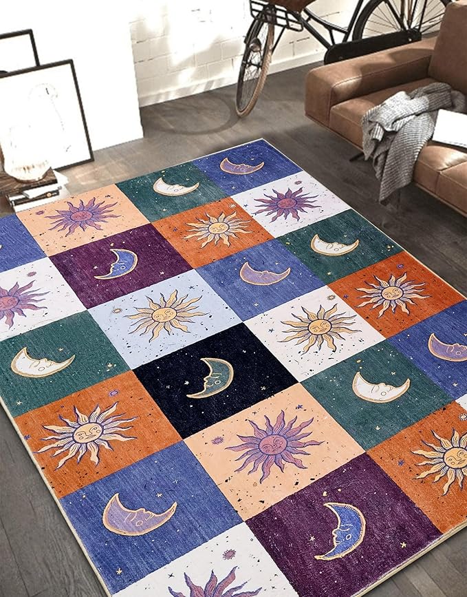 Boho Sun and Moon Washable Rug Ultra Thin, Vintage Mystical Celestial Checkerboard 6x9 Area Rug for Dining Living Room Entryway Dorm, Hippie Retro Aesthetic Cute Trendy Indie Bedroom Accent Carpet