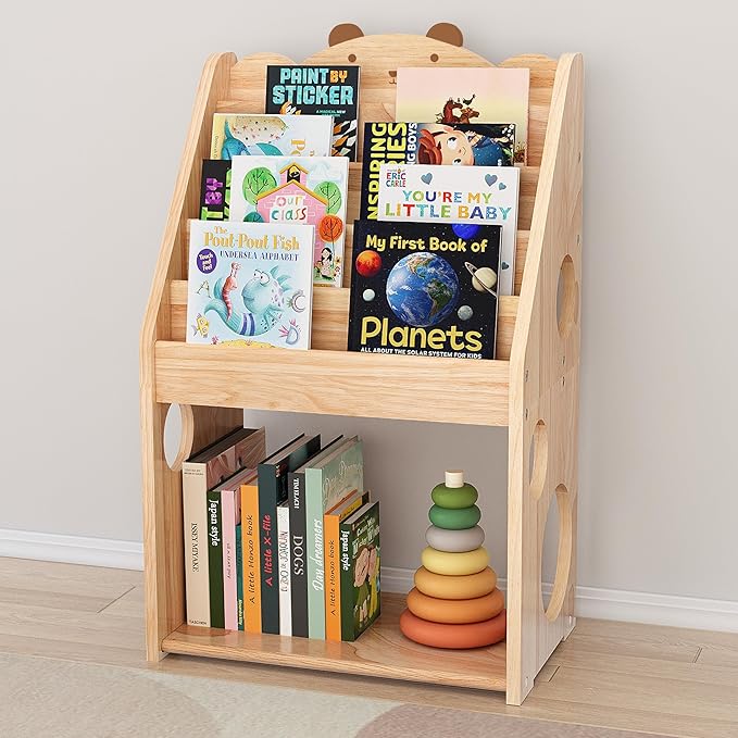 Woodtoe 5 Tier Montessori Bookshelf with Toy Storage, Large Toddler Bookshelf with Chalkboard, Baby Bookcase Book Display Shelve for Kids Bedroom, Nursery, Classroom, Kids Furniture for Boys Girls 1+