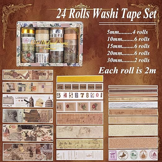 Sifaolp Washi Tape Set, 24 Rolls Vintage Washi Stickers, Assorted Sizes, for Junk Journal Scrapbook Tape, Bullet Journaling Scrapbooking Supplies, Planner Sticker DIY Craft DéCor (Brown)