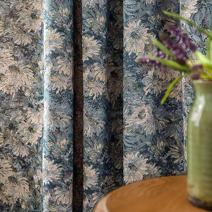 ENJOYBRIDAL Boho Jacquard Curtains 63 Inch Length 2 Panels Blue Floral Drapes for Living Room Farmhouse Semi Sheer Rustic Rod Pocket Window Curtain Panels with Tassel Bedroom Window Treatments