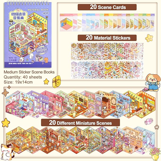 ASTARON 20 Sets DIY 3D Sticker Scene Book Sticker Therapy for Adults, Make Your Own Mini Cozy Shop House Room Stickers Cute Cartoon Miniature Stickers for Girls, Relief Stress Pass The Time