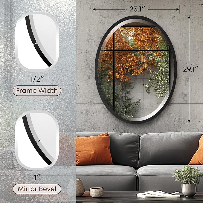 OVALCREST - Oval Wooden Beveled Wall Mirror for Home Decor, Bathroom, Vanity, Bedroom, Living Room, Hallway - London Style (Matte Black) 29.1 x 23.1