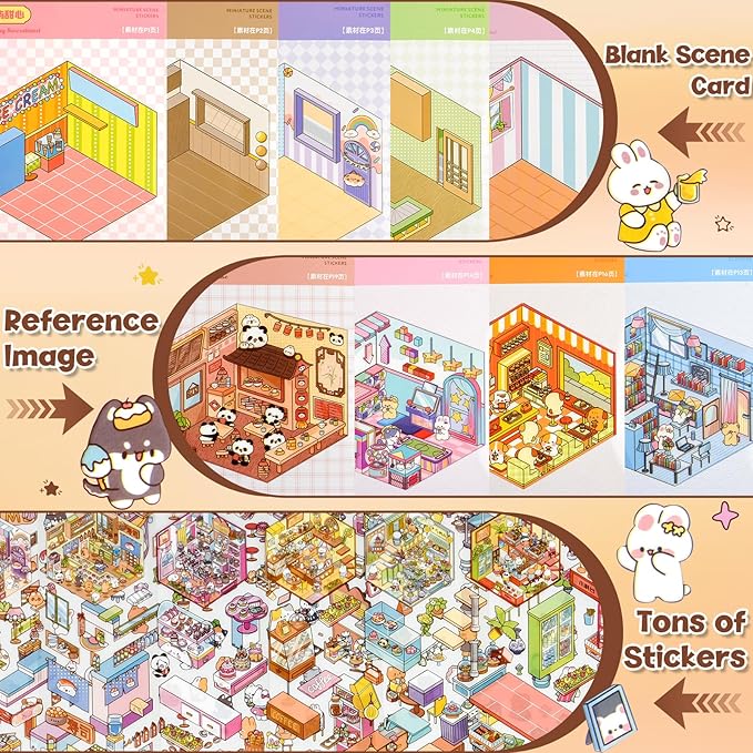 ASTARON 20 Sets DIY 3D Sticker Scene Book Sticker Therapy for Adults, Make Your Own Mini Cozy Shop House Room Stickers Cute Cartoon Miniature Stickers for Girls, Relief Stress Pass The Time