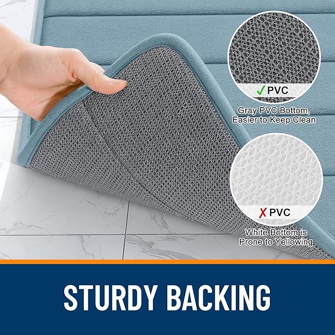 OLANLY Memory Foam Bath Mat 34x21, Super Soft Absorbent Bathroom Rugs, Quick Dry, Machine Washable Shower Floor Rugs, Bathmat Carpet, Bathroom Home Decor Accessories, Airy Blue