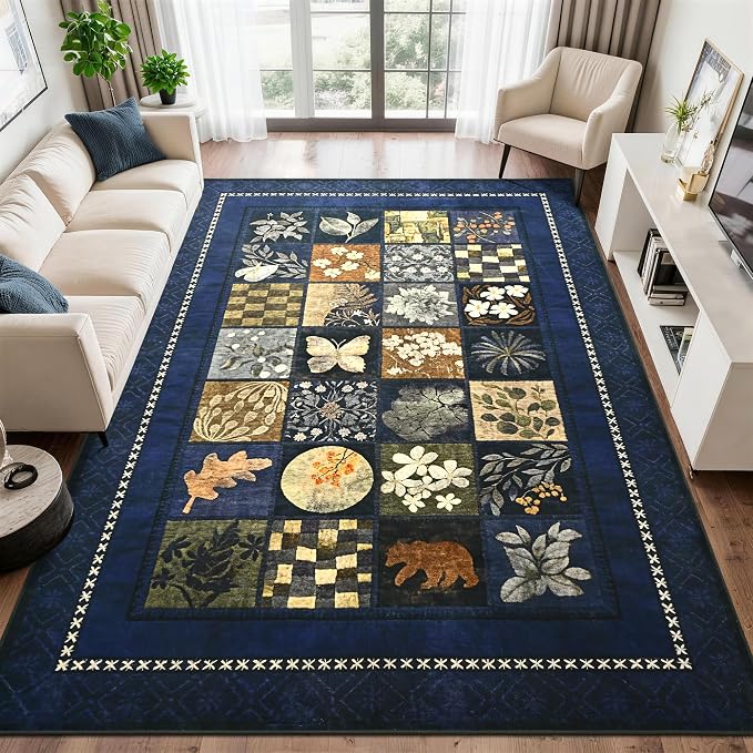 Tepook 6x9 Area Rugs for Living Room, Modern Large Geometric Rug for Bedroom, Washable Patchwork Rug Indoor Non Slip Throw Carpets for Dining Room Office Farmhouse Home Decor, Navy Blue