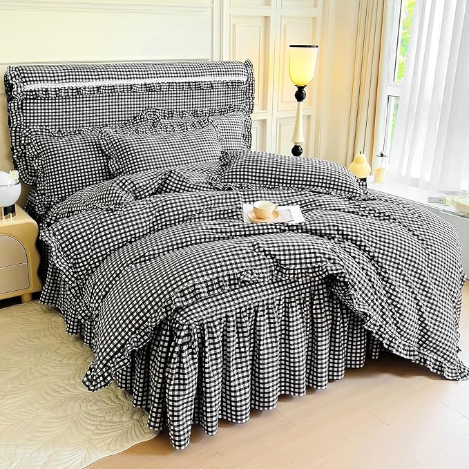 LifeTB Twin XL Comforter Set Black Gingham Comforter with 2 Pillowcases Vintage Ruffle Plaid Comforter Set Grid Bedding Checkered Pattern Comforter Fluffy Soft Plaid Gingham Bedding Set Twin XL