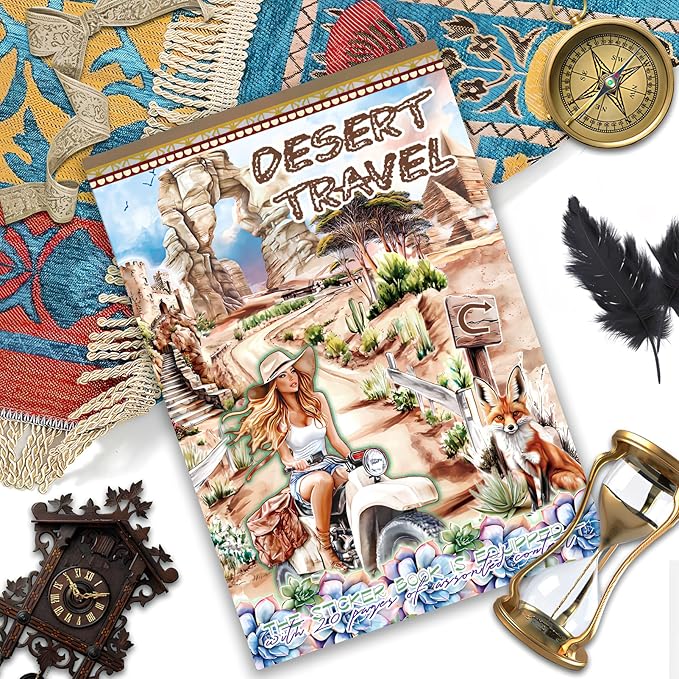 Snycler Sticker Book - 20 Sheets Vintage PET Stickers for Scrapbooking, Junk Journaling, Ephemera, and Decorative Crafts-Desert Travel