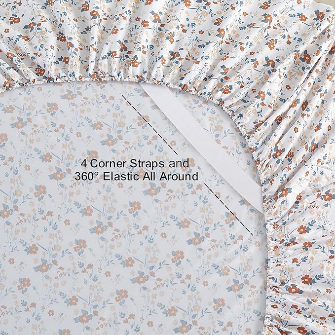 Softan Floral Queen Sheet Set Orange Flower Printed Bed Sheets - 4 Piece Soft Microfiber Patterned Fitted Sheets with 15" Deep Pocket and Corner Straps, Cute Spring Sheets & Pillowcase Set