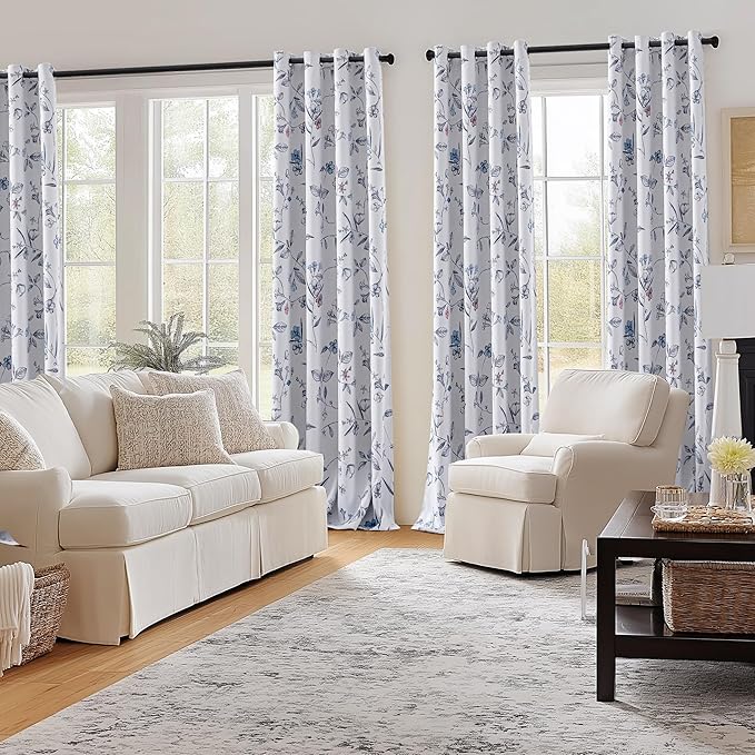 ChrisDowa 100% Blackout Floral Curtains 96 Inches Long 2 Panels for Bedroom Living Room Navy Blue Flower Patterned Room Darkening Thermal Insulated Soundproof Grommet Window Treatments Drapes,52X96