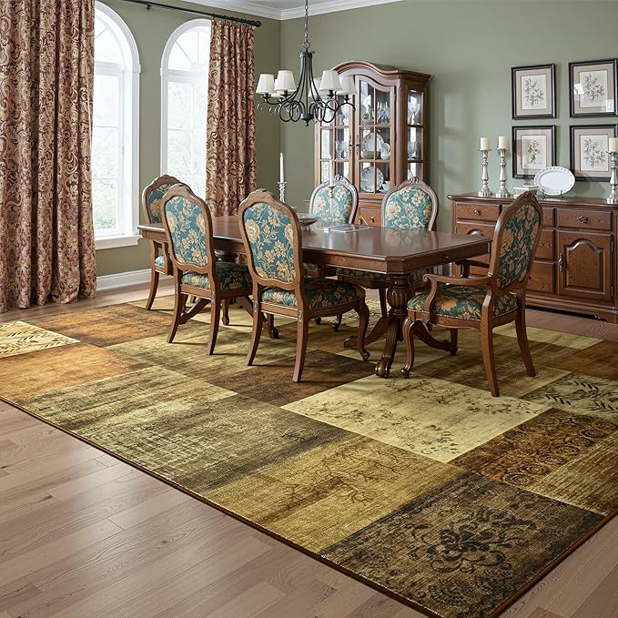 Tepook Modern Area Rug for Living Room, 6x9 Geometric Large Rugs for Bedroom, Washable Patchwork Rug Indoor Non-Slip Throw Carpets for Dining Room Office Farmhouse Home Decor, Brown