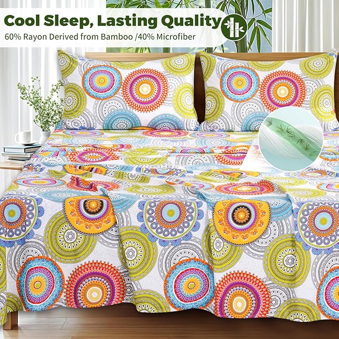 Bedlifes California King Floral 4-Piece Sheet Set - Cooling Sheets Blend Rayon Derived from Bamboo,Soft & Breathable, Deep Pocket 16", Wrinkle Resistant - Mandala Patterned
