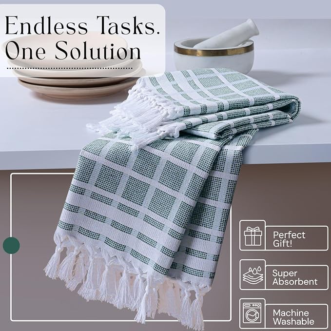4 Pack Combo Colors Matrix Kitchen Towels, 100% Cotton, 16"x26", Absorbent Tea Towel with Handmade Tassels, Reusable Cleaning Cloths - Lavender, Sandal Yellow, Aqua Blue, Forest Green