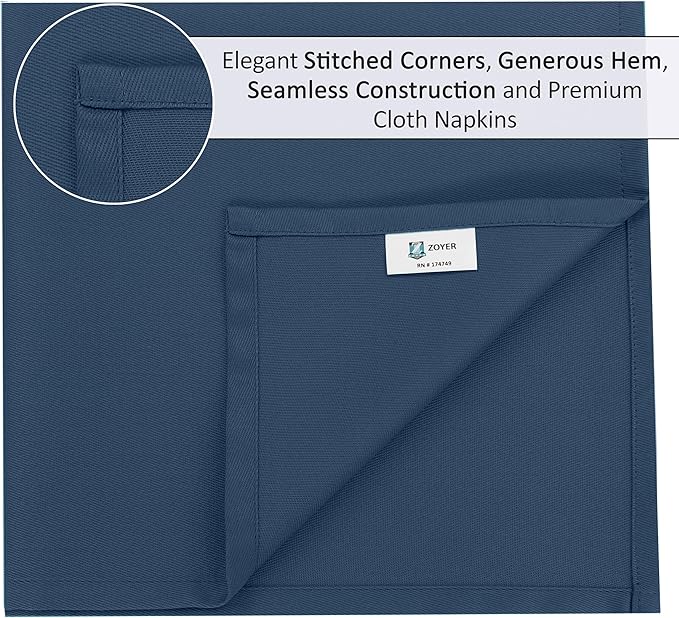 Zoyer Cloth Napkins Set of 12, 18x18 Inches Cotton Enrich Napkins Cloth ‎Washable, Soft & Durable Dinner Napkins for Parties, Wedding, Christmas, ‎Thanksgiving & Everyday Use - Navy Blue