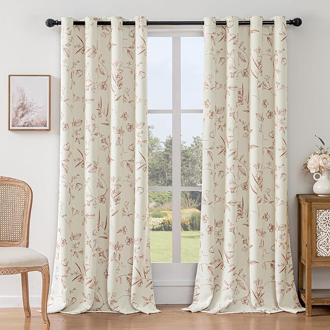 ChrisDowa Beige 100% Blackout Curtains 108 Inches Long 2 Panels for Bedroom Living Room Brown Flower Patterned Room Darkening Thermal Insulated Soundproof Grommet Window Treatments Drapes,52X108