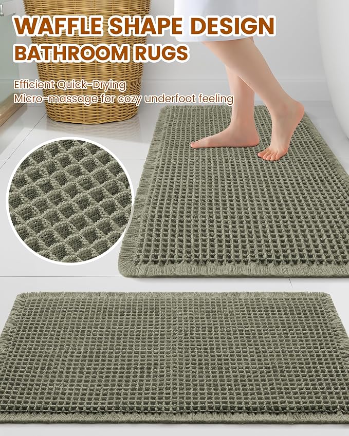 Smiry Waffle Bath Mat 30x18, Extra Soft Absorbent Bathroom Rugs, Non Slip Machine Washable Quick Dry Bath Rugs for Bathroom Floor, Tub, Shower, Home Decor Accessories, Green