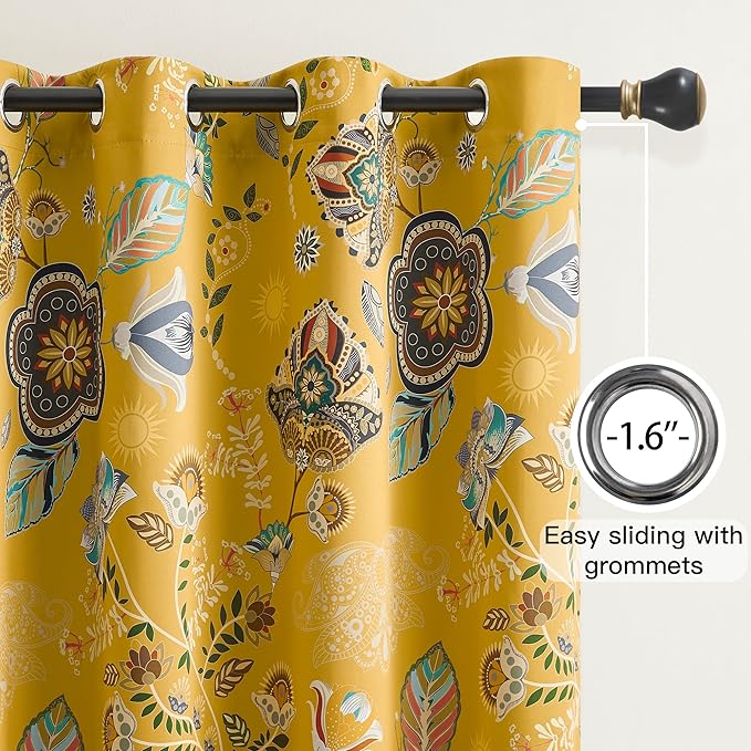XiDi Vintage Floral Patterned Curtains Blackout 102 Inches Long 2 Panels for Bedroom Thermal Insulated Luxury Curtains with Botanical Leaf Printed Design Grommet Drapes Mustard Yellow 52x102