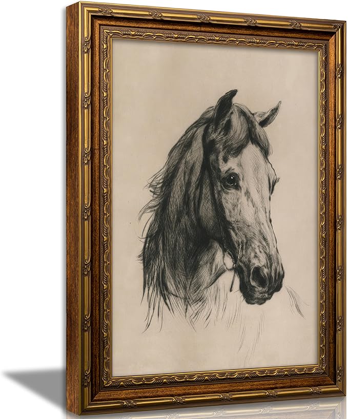 Vintage Gold Framed Horse Sketch Canvas Wall Art Retro Horse Wall Decor Vintage Farmhouse Animals Sketch Print Artwork Retro Rustic painting Picture for Farmhouse Bedroom Living Room 9X11in