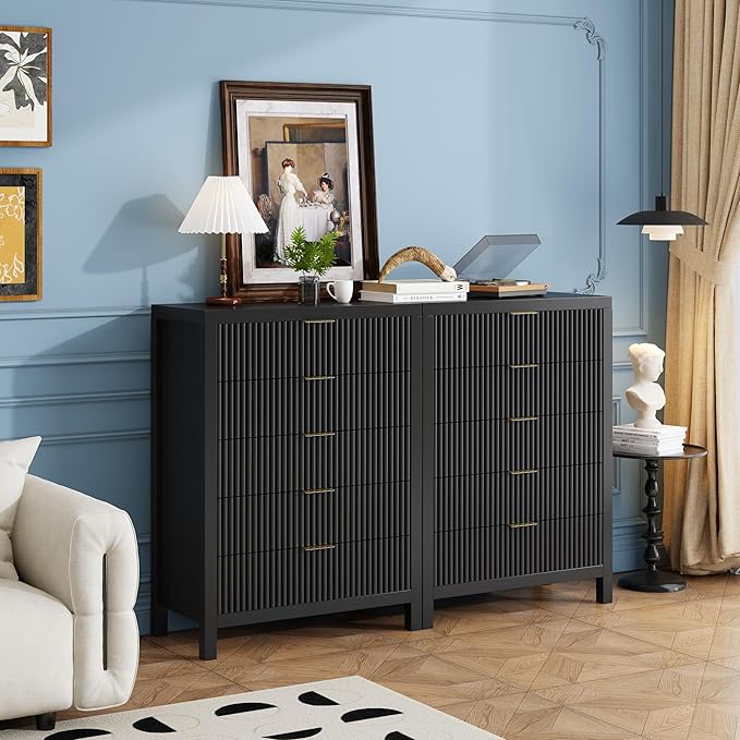 JZXSHD 43" 5 Drawer Dresser Tall Dresser Organizer TV Drawer Cabinet Modern Wood Storage Cabinet, Modern Wood Storage Cabinet for Bedroom, Hallway, Entryway, Black