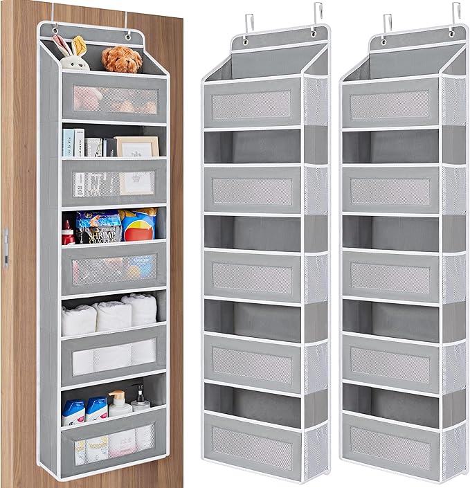 JARLINK 2 Pack Over the Door Organizer Storage, 5 Shelf Hanging Door Organizer with 5 Large Capacity Pockets, Anti Tilt 44 lb Load Behind Door Storage for Bedroom, Bathroom, Pantry, Nursery, (Grey)